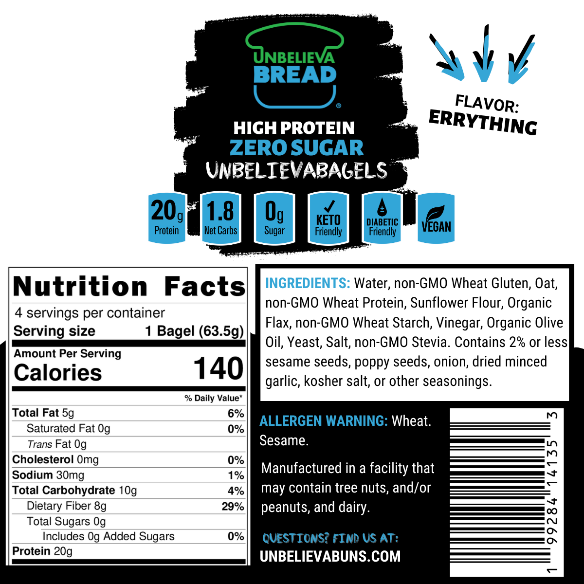 UnbelievaBagels - 2 Bags High Protein, Low-Carb Bagels (8 Total Bagels)