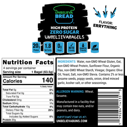 UnbelievaBagels - 2 Bags High Protein, Low-Carb Bagels (8 Total Bagels)