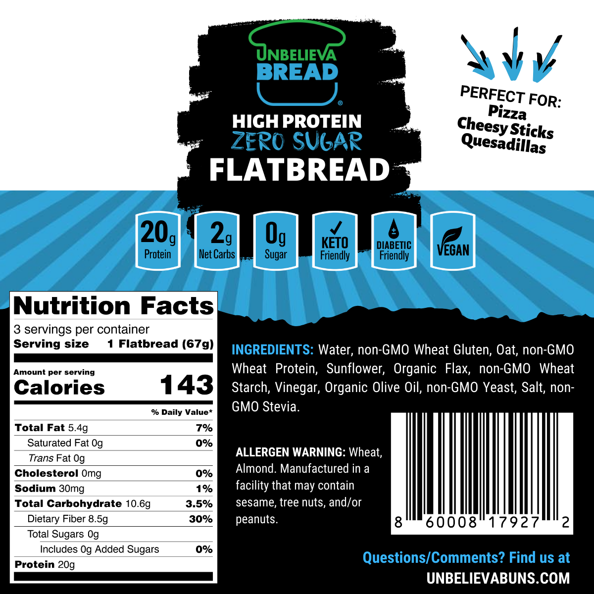 2 Bags UnbelievaFlatbread - High Protein, Low-Carb Flatbread (6 Crusts)