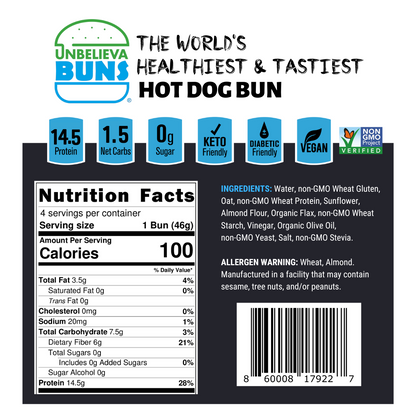 4 Bags of High Protein, Low-Carb Hot Dog Buns (24 total)