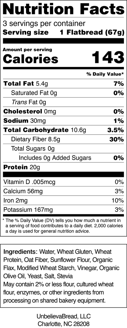 2 Bags UnbelievaFlatbread - High Protein, Low-Carb Flatbread (6 Crusts)
